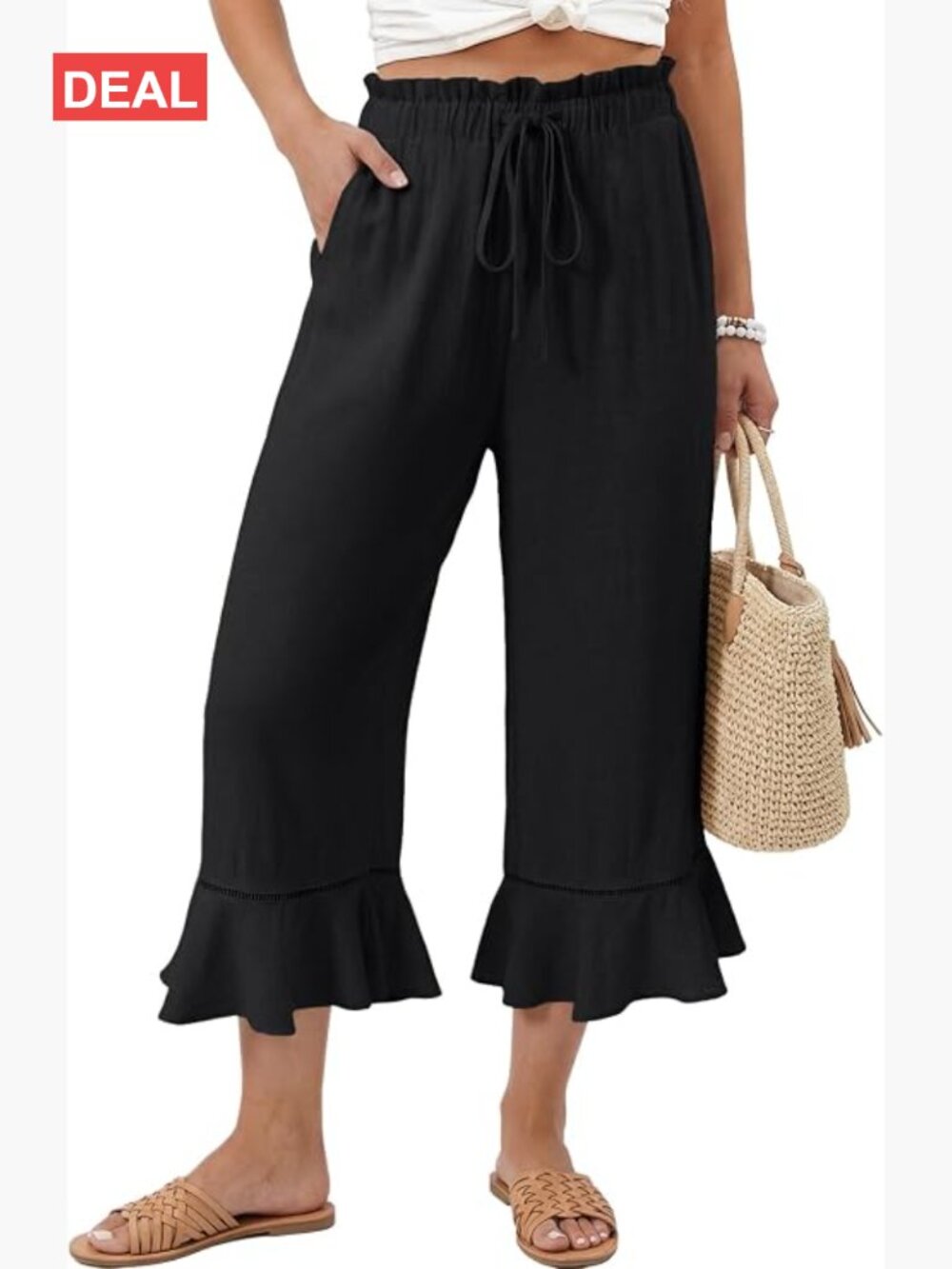 Linen Blend Wide Leg Capri Pants with Pockets